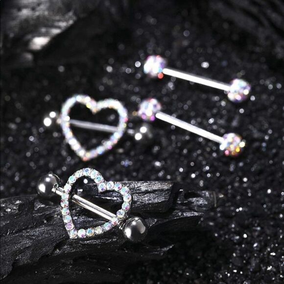 14G 316L Silver and CZ Nipple Rings - Set of 2 - Picture 7 of 7